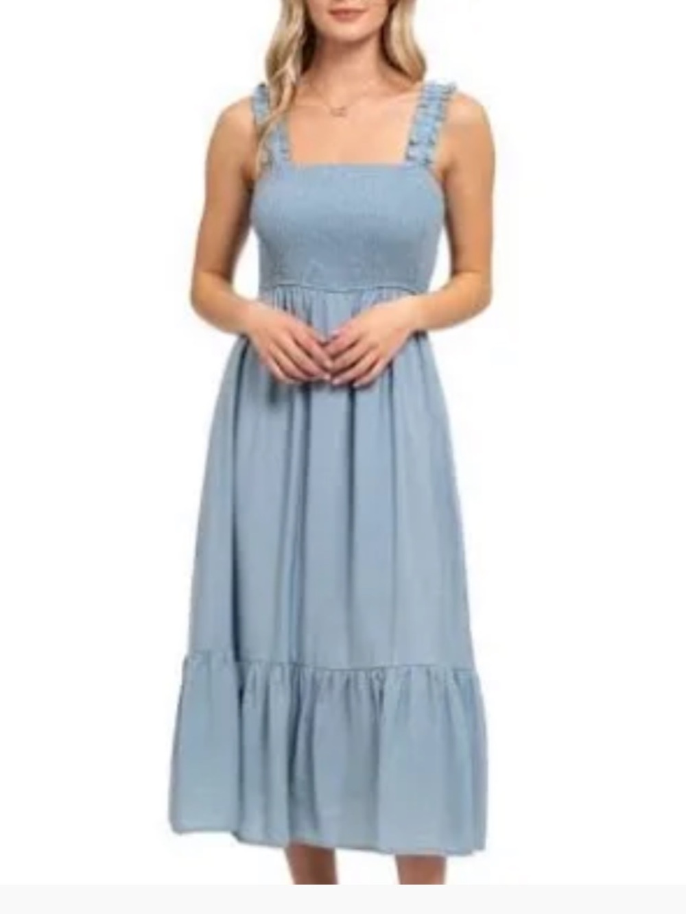 August Sky Smocked Ruffle-Strap Midi Dress in Light Blue large